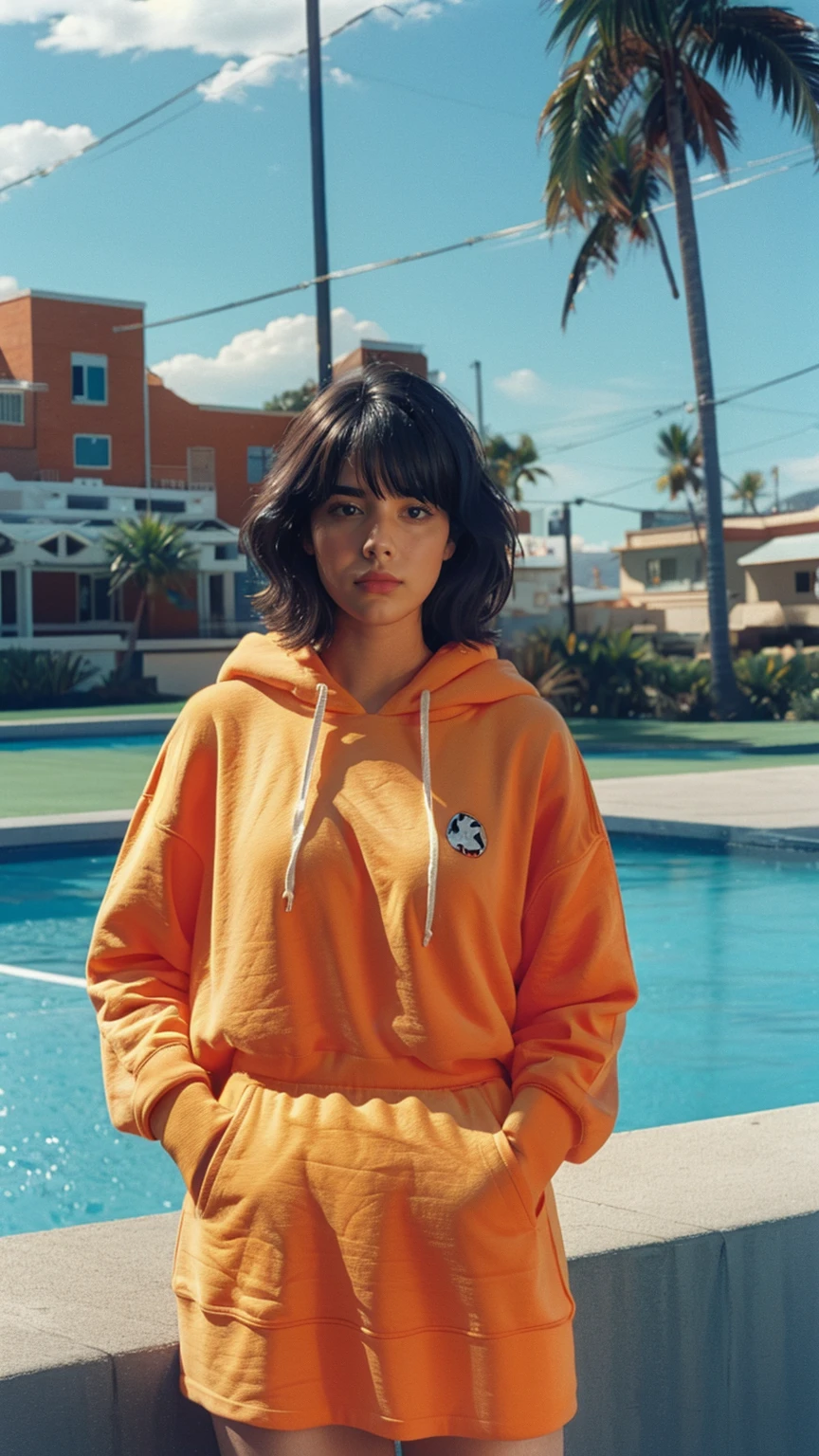 long shot portrait of cute 23 yo girl, (natural breast) ,wear ((orange color oversized hoodie)), wear ((purple tennis skirt)),looking front,Best Quality,Masterpiece,Ultra High Resolution,(Realisticity:1.4),Original Photo, 1Girl, light leak,ultra high resolution,UHD,beautiful, (black bob hair), almond eye, no makeup, in front of (80's mondrian architecture motel), (realistic:1.2), (surreal:1.3), (very detailed:1.1), ((masterpiece)),summer, blue sky, palm trees,sunny, los angles vibes,film camera, 800mm lens,style of Philip Lorca diCorcia