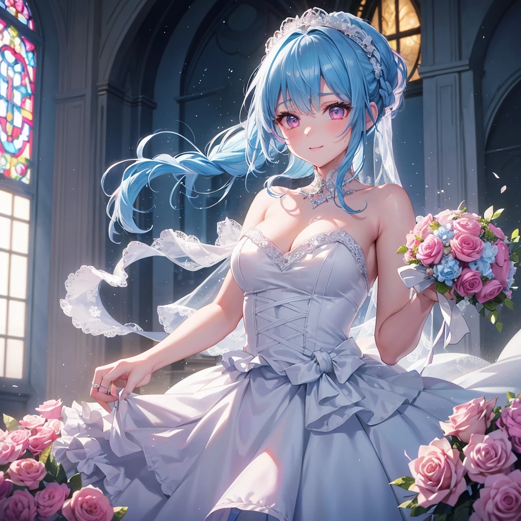 Sky blue hair, (Braided Ponytail),(Pink Eyes),Fair skin ,(whole body),(One girl),bride,A big smile,Straight bangs, 6月のbride,Wedding dress,(masterpiece, Highest quality, Very detailed, Best Shadow), (Detailed Background), (Beautifully detailed face), High Contrast, (Best lighting, Very delicate and beautiful), ((Cinematic Light)), colorful, Hyper Detail, Dramatic Light, Intricate details,Chapel background,Bouquet of roses,Ring on left ring finger,