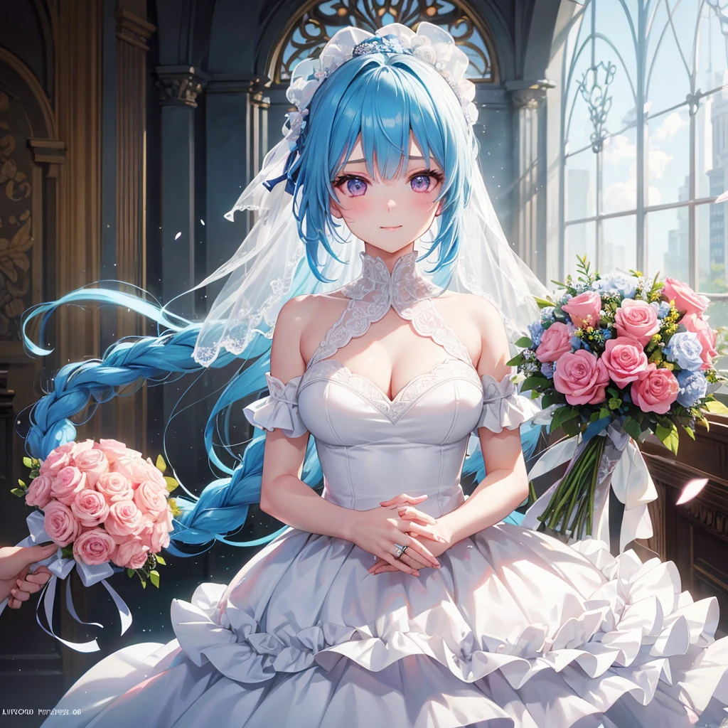 Sky blue hair, (Braided Ponytail),(Pink Eyes),Fair skin ,(whole body),(One girl),bride,A big smile,Straight bangs, 6月のbride,Wedding dress,(masterpiece, Highest quality, Very detailed, Best Shadow), (Detailed Background), (Beautifully detailed face), High Contrast, (Best lighting, Very delicate and beautiful), ((Cinematic Light)), colorful, Hyper Detail, Dramatic Light, Intricate details,Chapel background,Bouquet of roses,Ring on left ring finger,