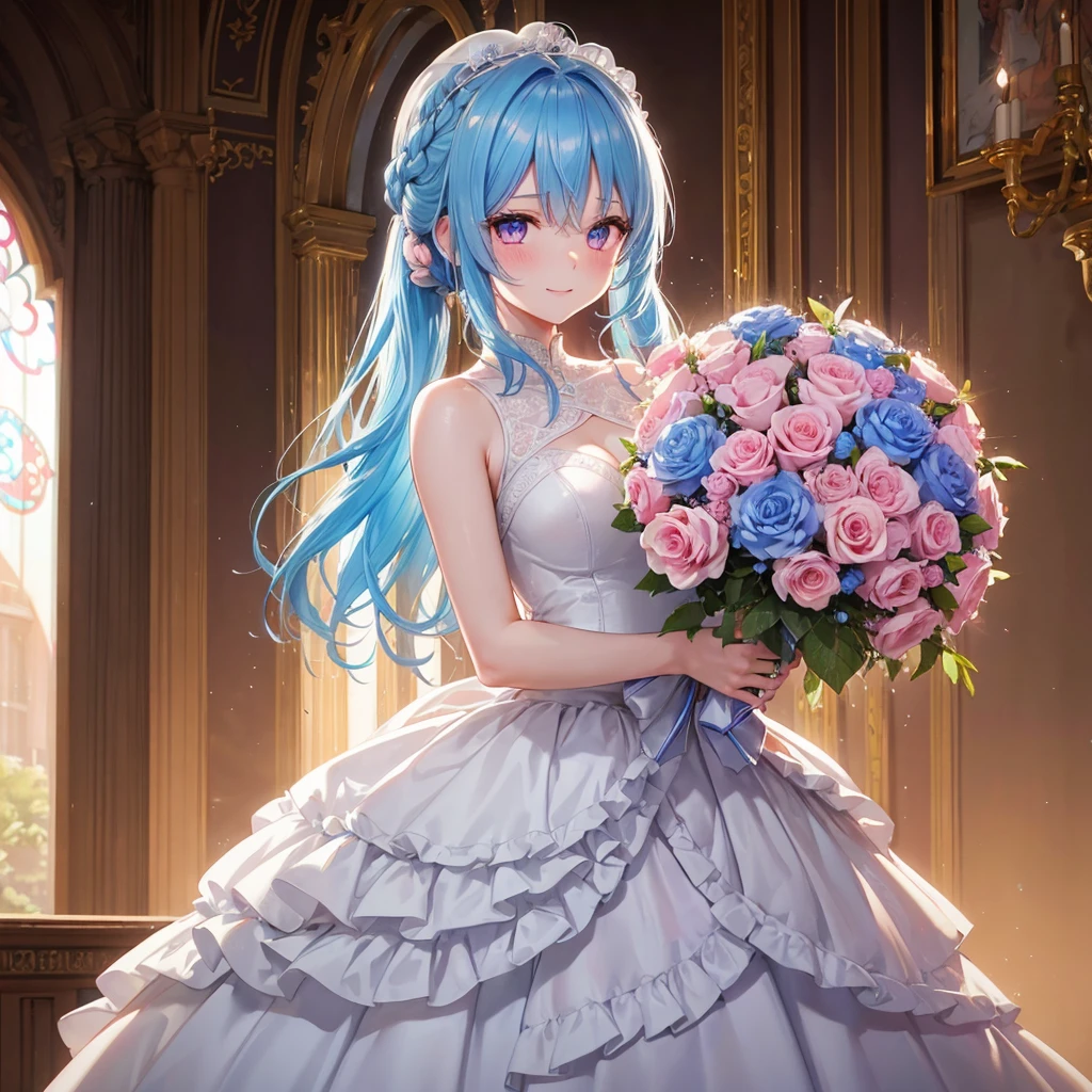 Sky blue hair, (Braided Ponytail),(Pink Eyes),Fair skin ,(whole body),(One girl),bride,A big smile,Straight bangs, 6月のbride,Wedding dress,(masterpiece, Highest quality, Very detailed, Best Shadow), (Detailed Background), (Beautifully detailed face), High Contrast, (Best lighting, Very delicate and beautiful), ((Cinematic Light)), colorful, Hyper Detail, Dramatic Light, Intricate details,Chapel background,Bouquet of roses,Ring on left ring finger,