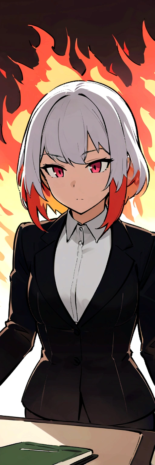 Dnd, fire ganassi, secretary, animated female, flat chested, flaming hair