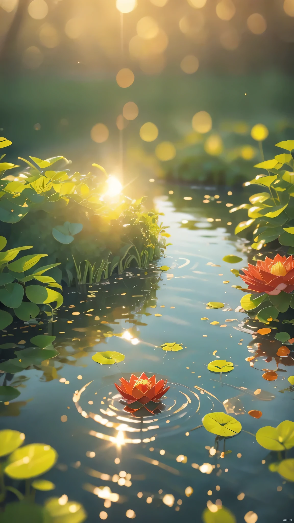(best quality,high resolution:1.2),Very detailed,Practical,landscape,Pond in the evening,beautiful reflexions,Peaceful atmosphere,Soft sunlight,Calm Water,Lush green vegetation,Peaceful environment,A peaceful and tranquil scene,nature,Subtle color palette,Soothing atmosphere,breeze,Slender reed,Birdsong in the distance,Vibrant colors,Sunset tones,Majestic and beautiful,Crimson and gold sky,Like a dream,Fuzzy,Water lily floating,Underwater rocks,Rippled pattern on water surface,Sublime tranquility,balance,Relaxed and elegant composition