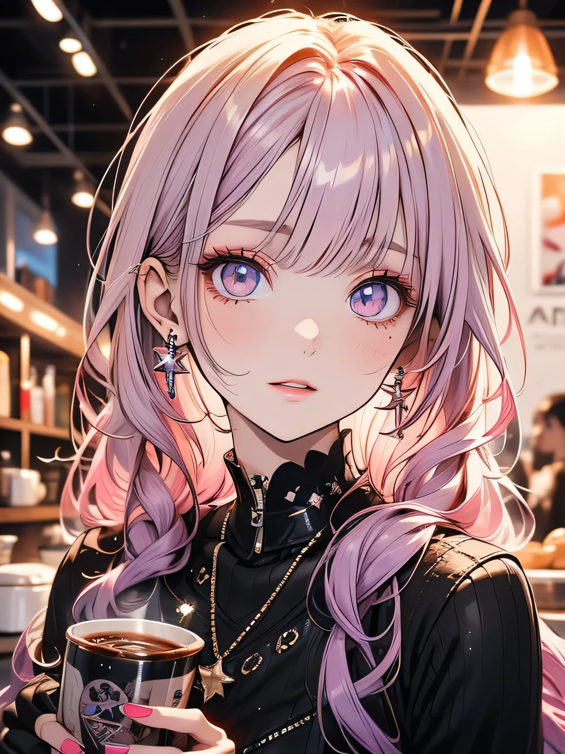 Futuristic Girl, Purple eyes, space, Pink Hair, Long Hair, Futuristic Coffee Shop,One girl,Beautiful attention to detail, Detailed face, cute,