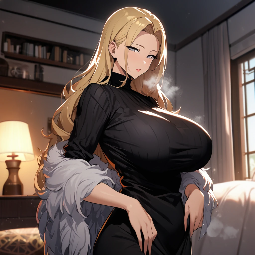 1girl,solo,Mature Women,Females in heat,blonde hair color,long hair,Her hair is tucked back,grey eyes,slanted eyes,super huge breasts,slender,black knit long sleeves,Steam comes out of the body,breath,feather shawl,amorous glance,side of face,looking at viewer,near,standing up,house,in bed room