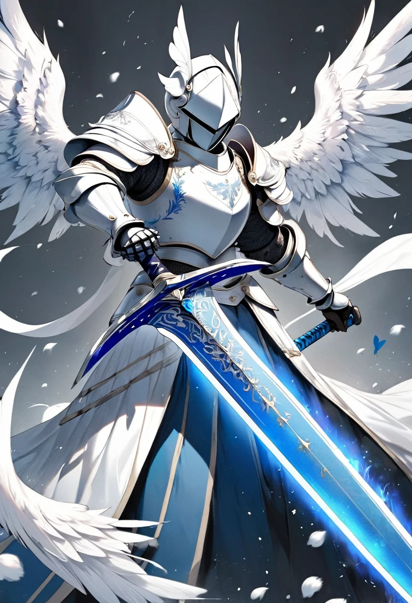 knight wielding a blue longsword with white accents and has big white wings made of cotton