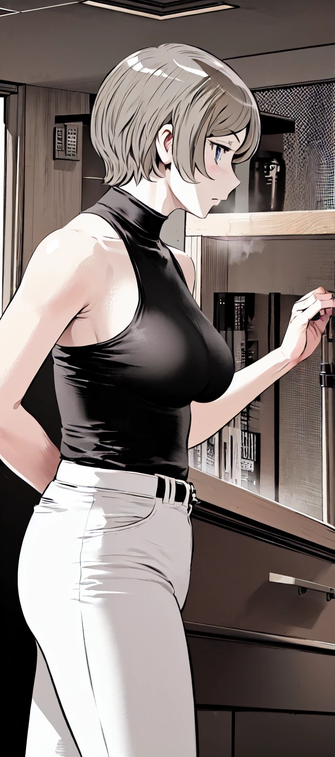 (short hair:1.2),Sleeveless、Black Shirt, turtleneck,White trousers、uniform、Black belt、((People illustrations))、Big Breasts、
View your audience,, (Highest quality:1.3),One Girl, White pants、uniform、blue eyes、Tight black shirt、(masterpiece、Highest quality)、Highest quality, Ultra-high resolution, (((masterpiece))), alone, Sweat、Big eyes、Big Breasts、One Girl, Front view、Embarrassed face、Bronze colored hair、((short hair))、locker room、Stretch your arms to the sides、Good posture、Stand upright、Stand up straight、Upper body close-up