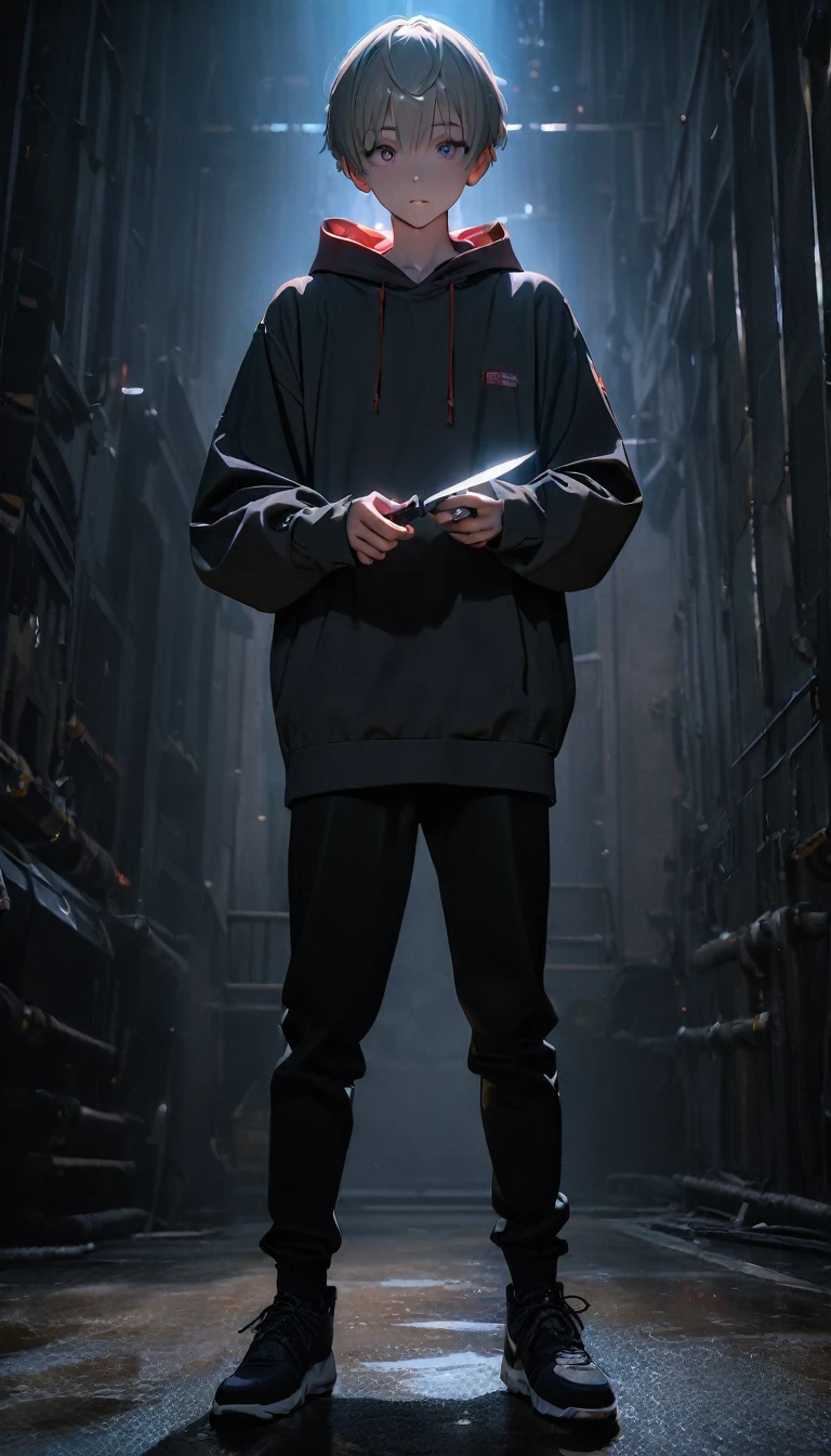 (8K, RAW photos, best quality, masterpiece: 1.4), (((boy standing in the dark))),Ultra-high resolution, Extremely detailed, No Lights, Full body close-up, handsome boy, black eyes, (delicate eyes, Eyes are bright:1.2), Gray short hair, Fair skin,dark, Grey sweatshirt, sweatshirt with hood,(perfect anatomy:1.2), High-quality shadows, Natural Lighting, (White highlights:1.2), night, cloudy day, (Dark Space:1.2), (Boning knife in hand:1.2)