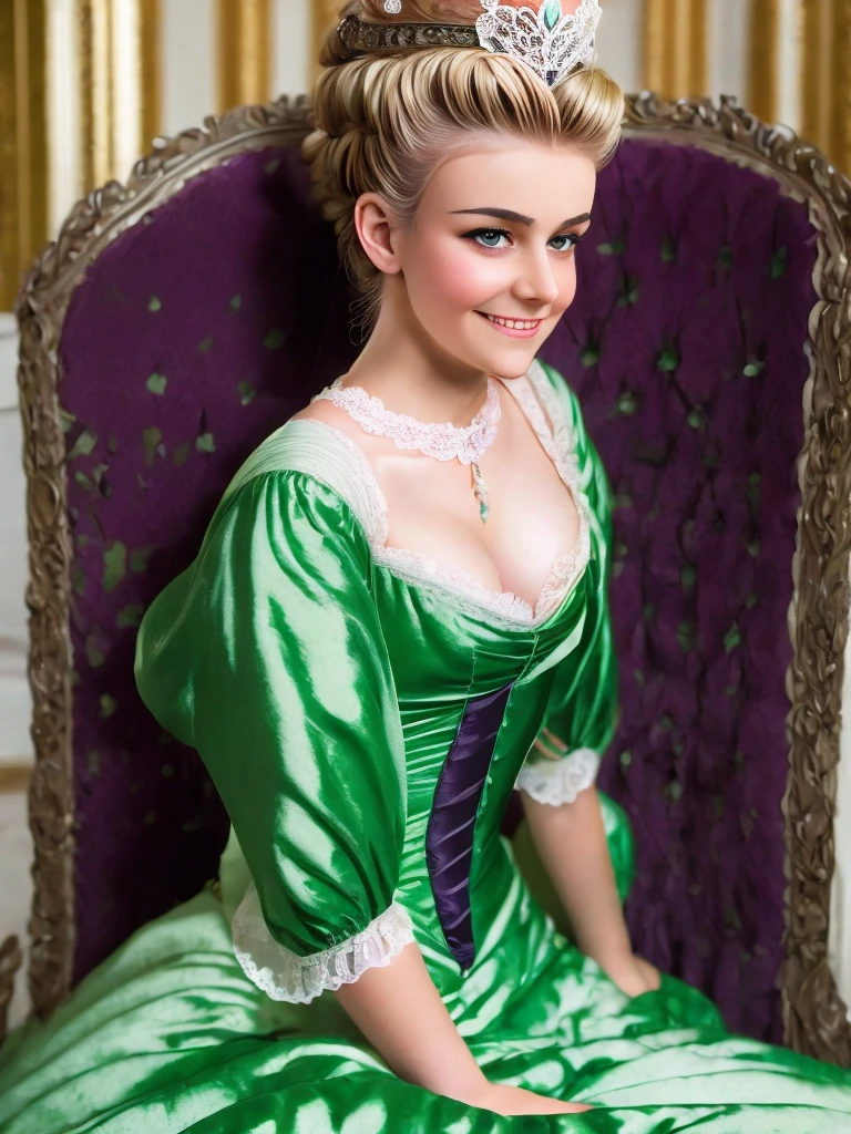 arafed woman in green dress sitting in chair with white lace, a colorized photo inspired by Elinor Proby Adams, flickr, art nouveau, colorized 1 9 0 4 photo, colourized, colorized photograph, colorized, colorized photo, queen margherita of savoy, a beautiful victorian woman, colourised, in victorian aristocrat, award winning colorized photo