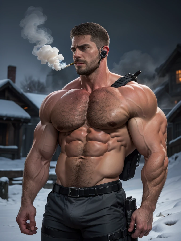 Dark gothic village in the background, old Chris Redfield from Resident Evil 8, 48 year old, muscular male, tall and hunk, biceps, abs, chest, (pecs:1.3), (muscle:1.3), no top clothes,  topless, underwear, bulge, shoulder holster, earpiece, belt, thick beard, cold face, cigarette in mouth, smoke, video games style, high resolution:1.2, best quality, masterpiece, dark nightime, dark atmosphere, winter, snowing, shadow, upper body shot