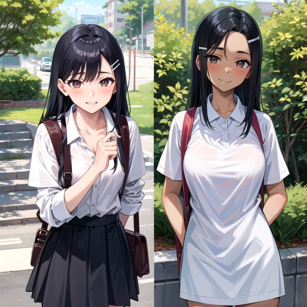 ((best quality)), ((masterpiece)), (details), one girl, sexy ((best quality)), ((masterpiece)), (details), one girl, sexy ((best quality)), ((masterpiece)), (details), one girl, full body, sexy expensive body, expensive, long legs, mature woman, mature, adult, it_nagatoro_main, Hayase Nagatoro, one girl, blushing, alone, uniform polo shirt, short sleeves, black hair, bag, brown eyes, hair accessory, looking at viewer, hair clip, outdoors, backpack, smiling, long hair, dark skinned woman, dark skin, , bangs, daytime, skirt, collared shirt, collarbone, ear clip, mouth closed, tree, asymmetrical bangs, upper body