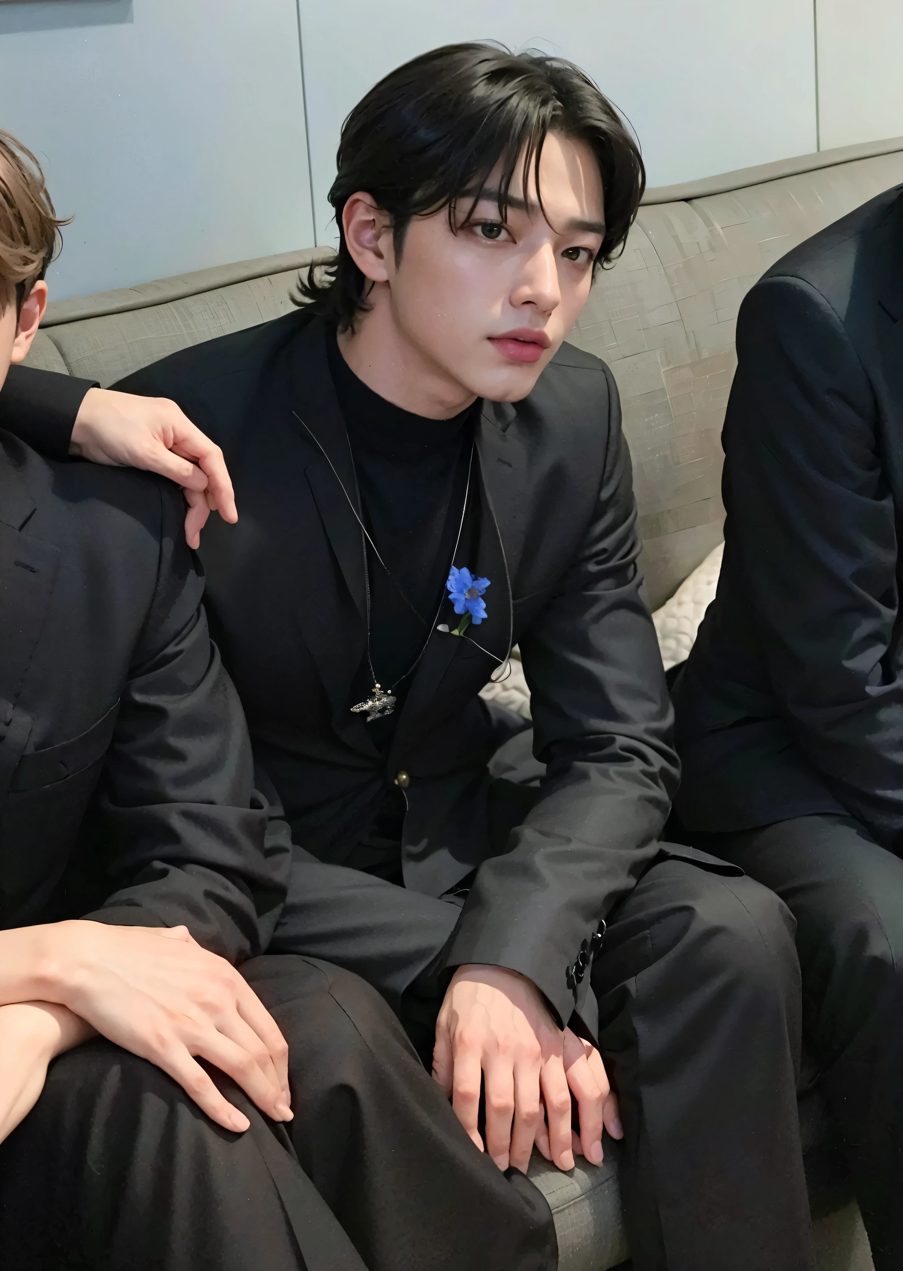 Three men in suits sitting on a sofa., one of them with a tie, jungkook does bts, taehyung also bts, jungkook, kim tae hyung, beautiful, taken in early 2020, in a black suit, hyung tae, He is around 20 years old., he is about 20 years old