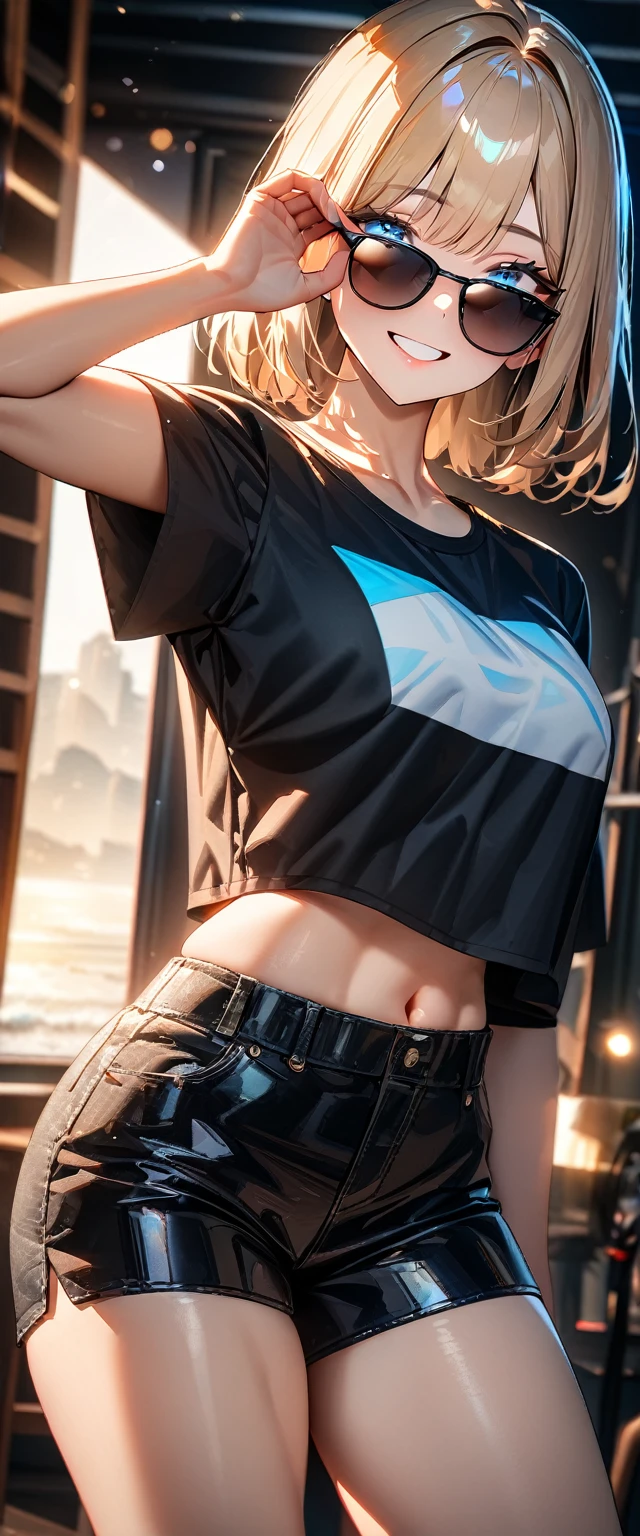 (((One girl))), beach, blond hair, bob cut, breasts, from front, (cowboy shot), standard body, (looking at viewer), ((black shorts)), ((black crop top overhang)), short sleeves, Casual Stance, ((sunglasses)), hand to sunglasses, midriff peek, teenager, head tilt:1.3, (((blue eye))), ((happy smile)), anime style, (best quality, 4k, 8k, highres, masterpiece:1.2, ultra-detailed, ultra-detailed eyes, HDR, UHD, studio lighting, ultra-fine painting, sharp focus, physically-based rendering, extreme detail description, professional, vivid colors, bokeh), ((Highest quality, Best image quality, Ultra-high resolution, Ultra-high resolution, solo, Strong eye highlights)), Depth of written boundary, Natural soft light, attractive, Beautiful Face, Cleanliness, Pure Face, nedium chest, Beautiful Face, Perfect Fingers, Perfect hands, Perfect body, Perfect Face, Shine a light into your eyes, Perfect Anatomy