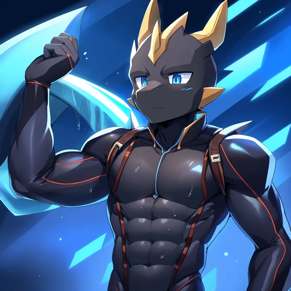 Thin macho western black dragon abs Hollow abs body suit thick arms chest rig 、sweaty skin glow profile Wearily short of breath Chemo shota
have a blue eyes Tired look jacket