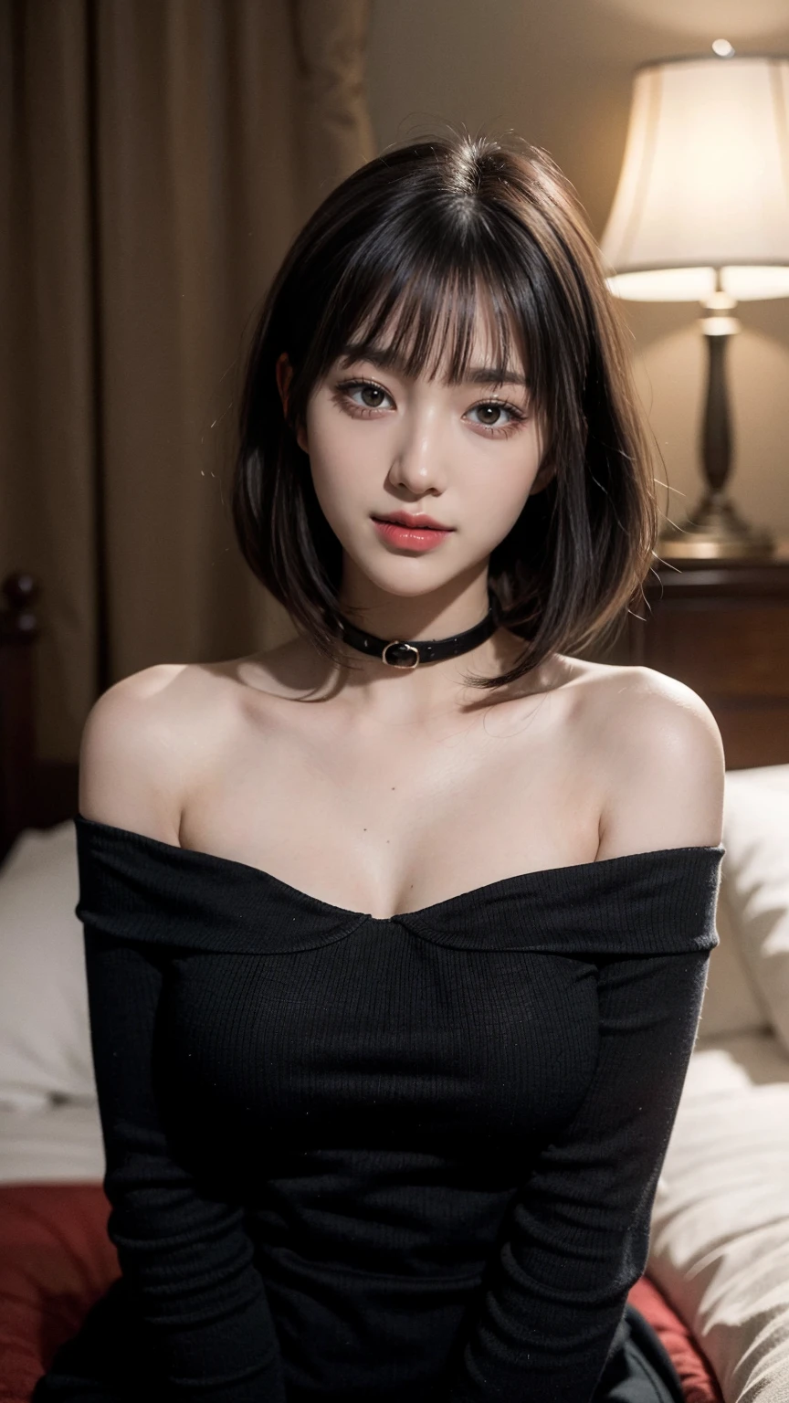 (best quality, masterpiece:1.3), (actual, photo actual:1.3), ultra high resolution, ultra high definition, Extremely detailed CG unified 8k wallpaper, sharp focus, Ridiculous, (actual skin, Delicate skin), (perfect anatomy), glossy lips, (official art, Beautiful and beautiful), (1 girl), (generous smile:1.3), (seductive face:1.3), (korean woman:1.3), alone, depth of field, hotel room,(big breasts:1.1),whole body,(sexy off-shoulder dress:1.3), (curvy hips:1.1), (midjourney), (collar), (direct eye contact:1.3), (blunt bangs:1.5), (long hair:1.2)