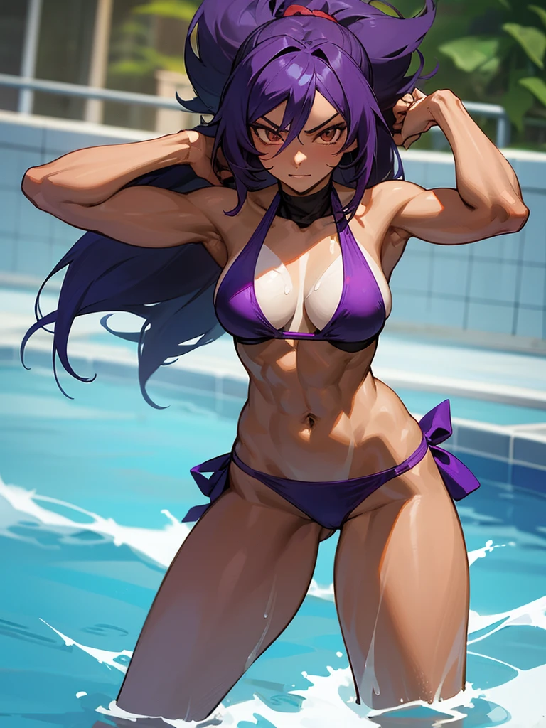 18 year old Yoruichi Shihöin from Bleach with tanned skin and a seductive look on her face, in a purple thong bikini pridefully flexing her muscles in a pool with the water up to her waist, highly detailed