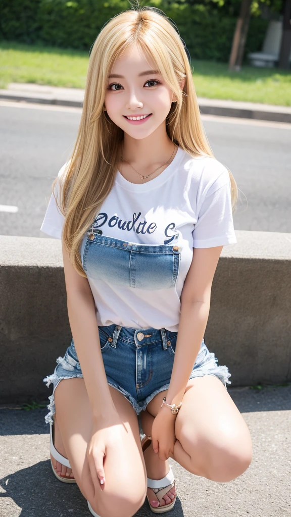 Highest pixels、Highest quality、Highest quality、masterpiece、Blonde、Long Hair、summer、Date、Denim shorts、sexy、Sexy、T-Shirts、smile、Beautiful legs、Big eyes、Panty shot、Real、Crouching posture、from the front