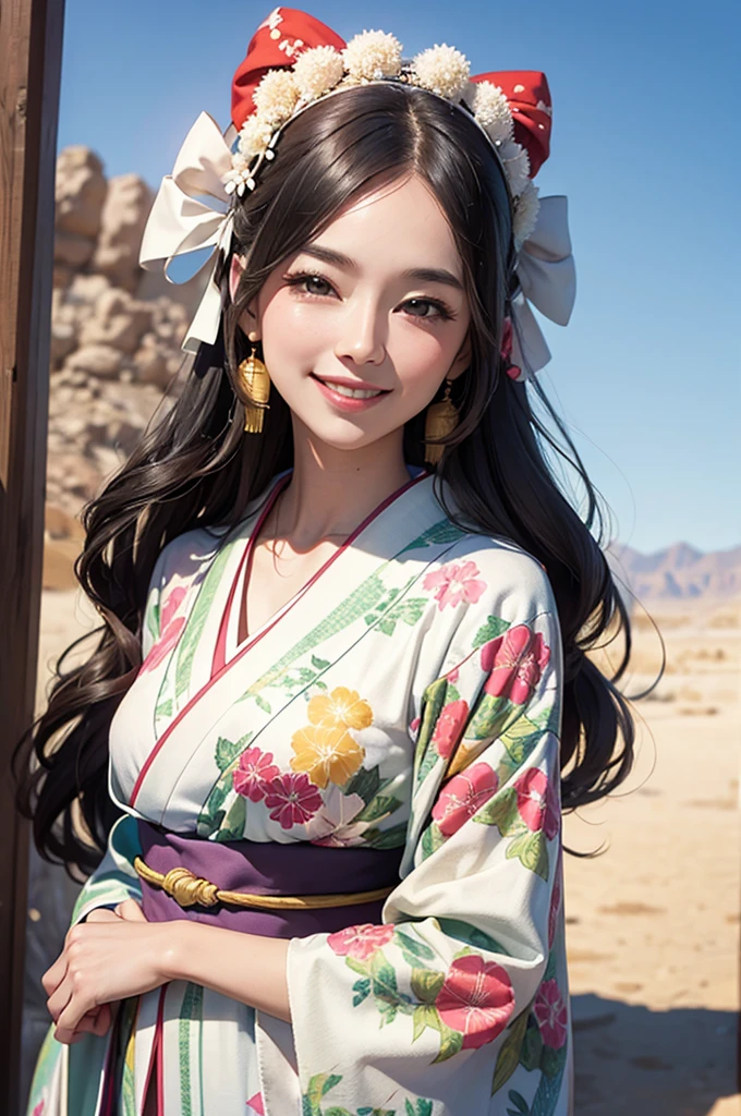 A beautiful smiling woman in a kimono in the sunlit desert