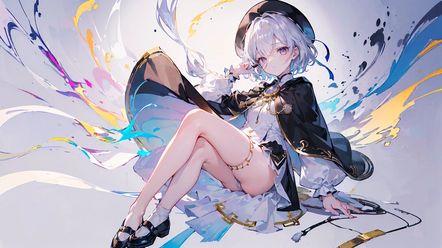 (Super detailed)),((illustration)),((masterpiece)),(((need))),((fine、Highest quality CG Unity 8K wallpapers,masterpiece),((4K,masterpiece,best quality)),rainbow发的少女,flat chest,short hair,Gold and silver eyes,Golden Apprentice Uniform,Black short cape,Berets,Black shoes,Paint flowing under your feet,White Silk,Monocle,The walls are covered with self-portraits,身边有rainbow,phantom,Exhaustion,Overworked,There is a huge drawing board in front of me.,In a white room,Paint condensed in the air,rainbow,individual,Full body picture