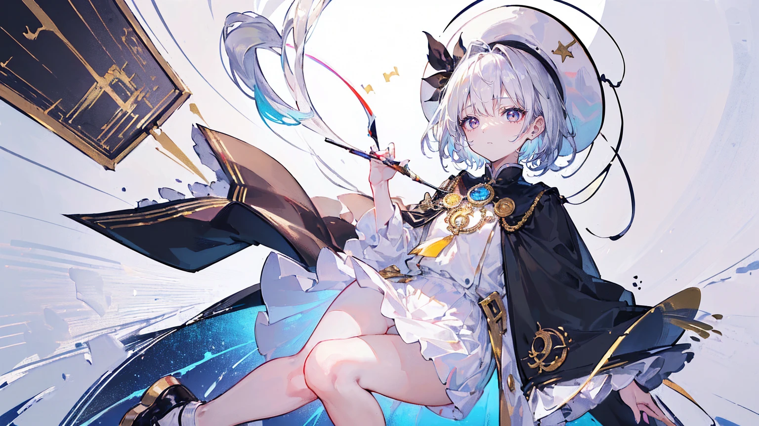 (Super detailed)),((illustration)),((masterpiece)),(((need))),((fine、Highest quality CG Unity 8K wallpapers,masterpiece),((4K,masterpiece,best quality)),rainbow发的少女,flat chest,short hair,Gold and silver eyes,Golden Apprentice Uniform,Black short cape,Berets,Black shoes,Paint flowing under your feet,White Silk,Monocle,The walls are covered with self-portraits,身边有rainbow,phantom,Exhaustion,Overworked,There is a huge drawing board in front of me.,In a white room,Paint condensed in the air,rainbow,individual,Full body picture