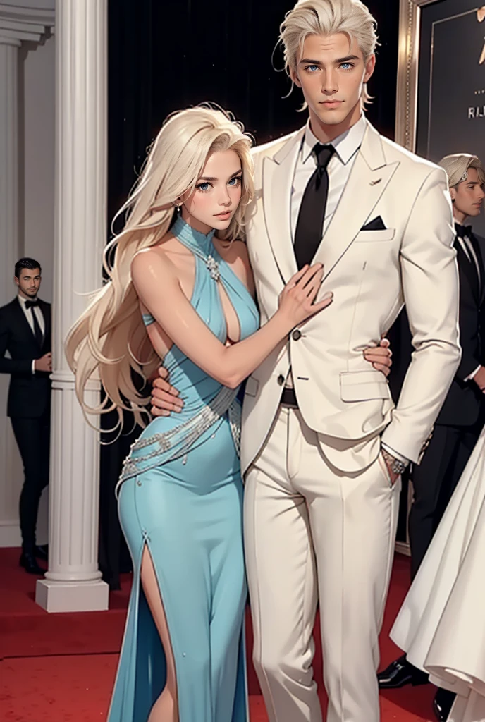 A tall, handsome, statuesque, courageous, adult man is a platinum blonde with long platinum hair, he has blue eyes, tanned skin, he is dressed in an expensive branded suit, he hugs an incredibly beautiful young blonde femme fatale dressed in an exquisite Vera Wang dress. Style icons, celebrities, the elite. the red carpet.