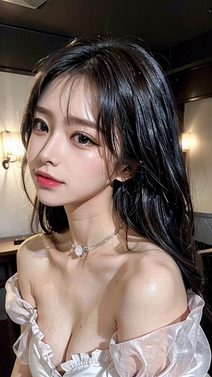 (8K、Highest quality、masterpiece:1.2)、No sleeve、tight silk dress、Very detailed、Ultra-high resolution、A childlike smile、Innocence、 Girl in her 30s、Beautifully detailed face、(Slim waist) :1.3)、Middle Hair、beautifully detailed skin、Skin Texture、Floating Hair、Human whole body、masterpiece, Highest quality, Very detailedな, Film Photography, Very delicate and beautiful ,beautiful girls japanese girls, Small breasts,Close-up face,((No makeup)),、((Cabaret Club)), ((look up:1.2 )), 