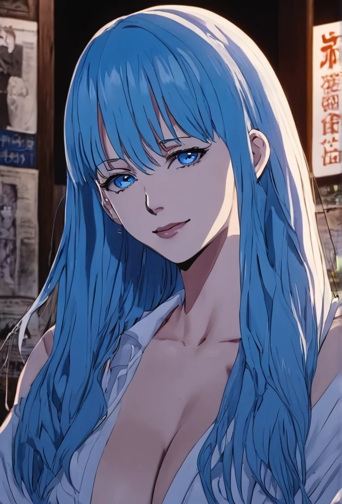 1girl, female gojo satoru, anime screencap from jujutsu kaisen, gojo satoru female version, solo, long_hair, Blue eyes ((Blue_hair)), night view, breasts, upper_body, smile, indoors, book, bangs, red_eyes, lips, (bangs) ((wearing bikini)) breast, "very detailed and high resolution" (Blue eyes) (cross arms) ((long hair)) ((solo)) (front view)