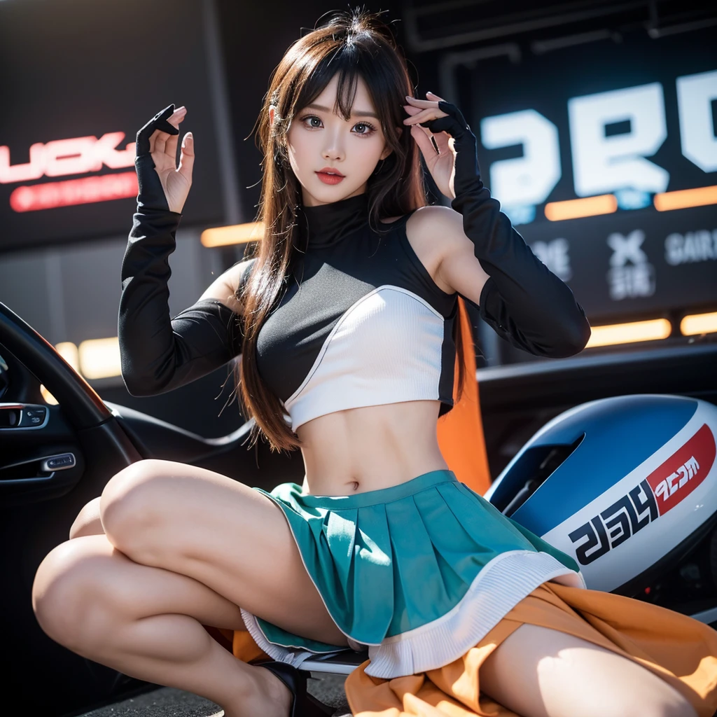 Super detailed photos、Detailed face、Lip gloss、Cool woman、Colorful costumes、F1 Driver Cosplay、Colorful costumes、Clothing with company logo、Grid Girlsのカラフルで派手な衣装、Grid Girls、Perfect Face、Paddock Girls、Harem、motor Show、tights、Bodycon Costumes、Grid Girls、Russia、Grid Girlsのコスプレ、belly button、Pleated skirt、Bodycon Costumes、Legs open pose、Spread your legs to show your crotch