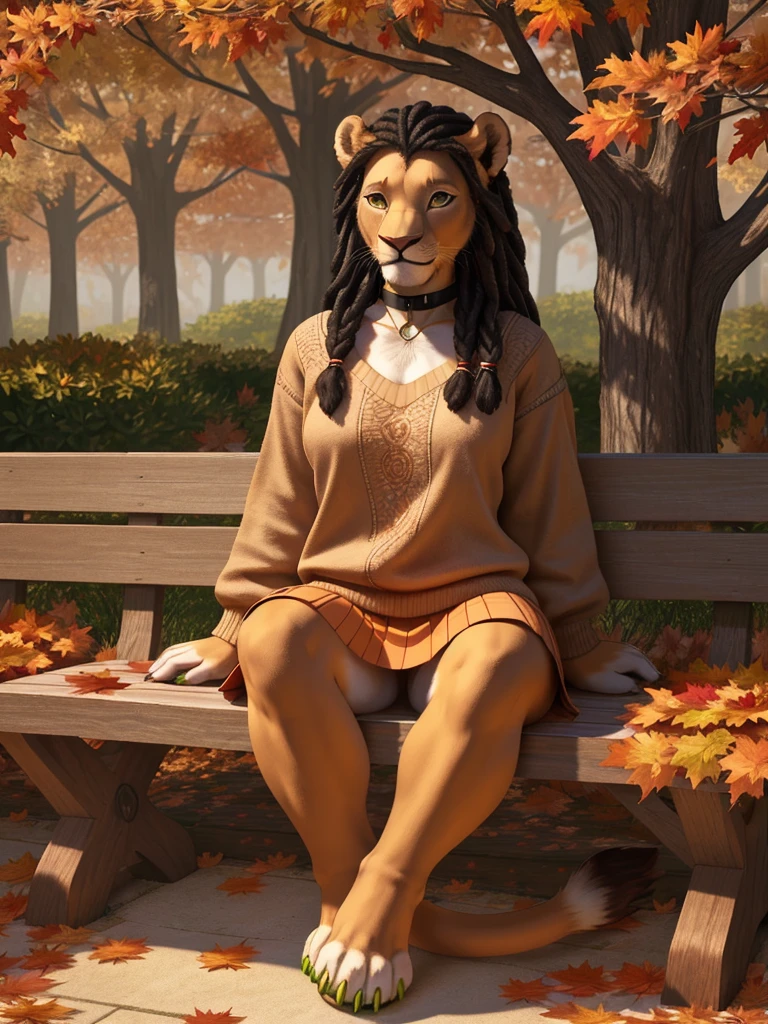 highly detailed hands, (four toes), full body, photo, (hyper realistic, 8k, top quality:1.2), (high details, extremely detailed, absurdres), masterpiece, beautiful and aesthetic, (white furry anthro lion female:1.3), curvy, (bushy_tail:1.3), ((brown sweater, [yellow skirt], (toeless)_(kneehigh))), (black hair:1.2), dreadlock hair, (sidecut), hair pulled back in a braid, (realistic fur:1.5), brown arms, brown belly, (white detailed face:1.1), brown head, brown ears, brown legs, (big bright green eyes, intricate eye detail), eyeliners, (green claws), average size breasts, black_choker_with_(emerald_pendant), (earrings:0.9), bracelets, sitting on wooden [park_bench::29], smiling, (autumn leaves flying in air, wind:1.2), day, (highly detailed autumn garden:1.1), plants, (trees), autumn flowers, leaves, realistic shading, warm lighting, ultra detailed facial features, intricate details