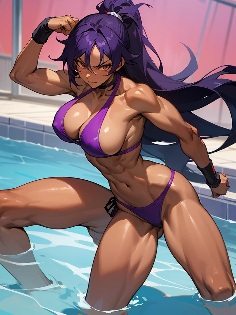 18 year old Yoruichi Shihöin from Bleach with tanned skin and a seductive look on her face, in a purple thong bikini pridefully flexing her muscles in a pool with the water up to her waist, highly detailed