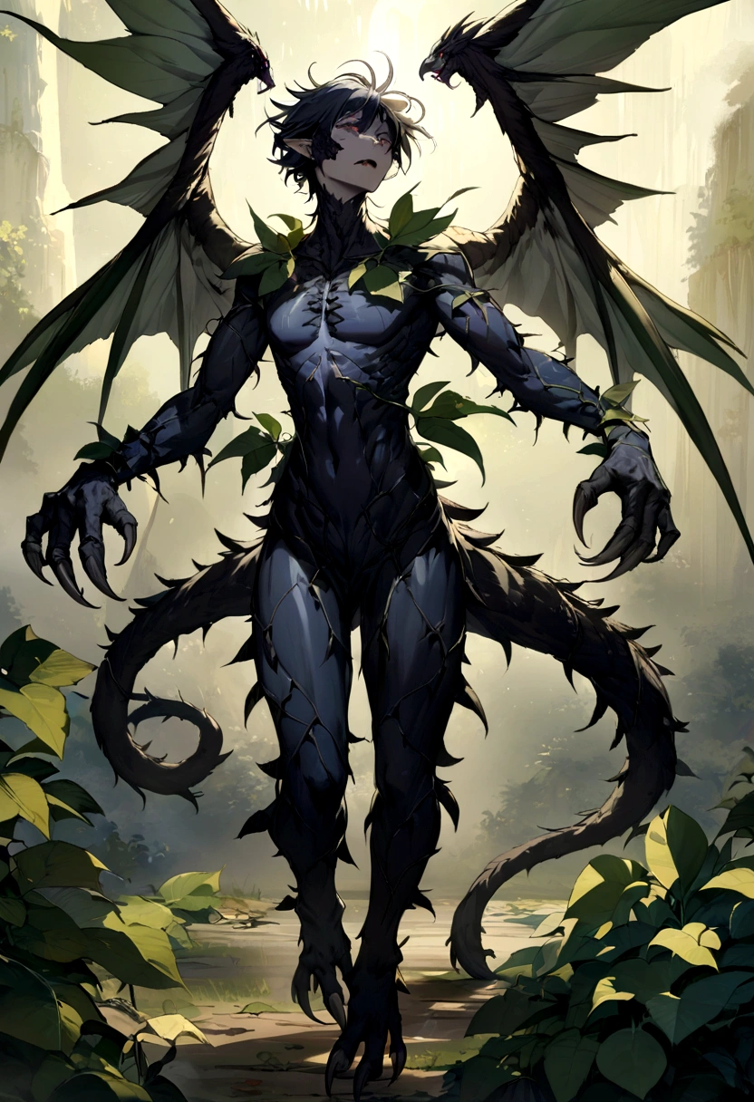 High definition, Best Image, Illustration quality, Very detailed, Winged monster, Thin figure, The whole body is covered with black scales, Large leaves running through the body, There is a vine at the end of the tail, Sharp claws and fangs, Dead Leaf Wings