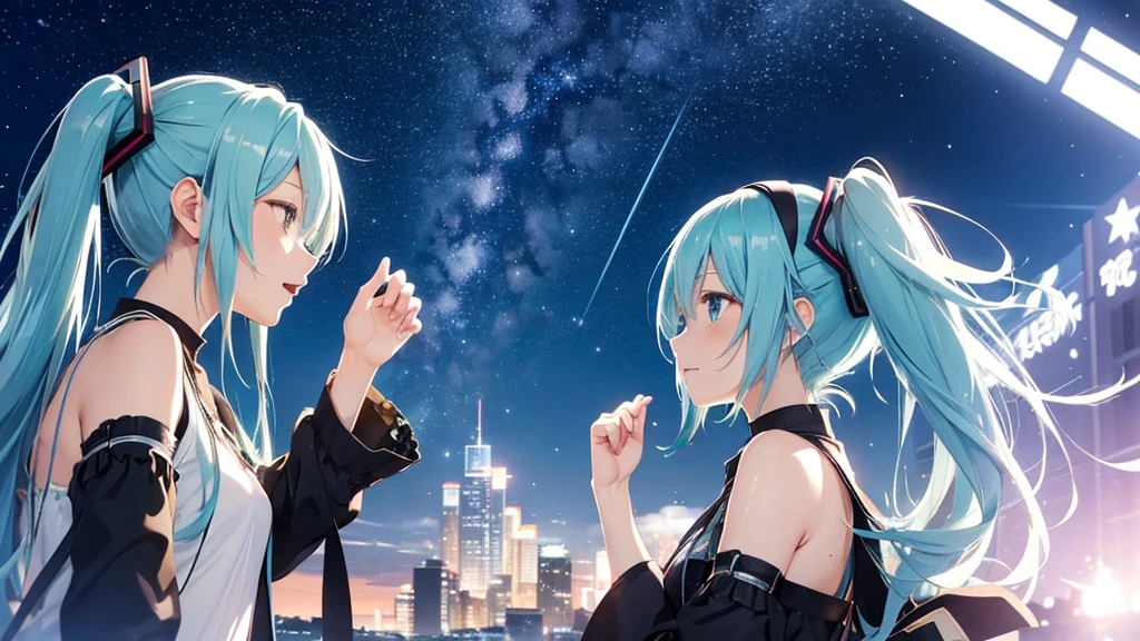 Under the midnight starry sky、Hatsune Miku celebrates old friendships and new beginnings。There's a warm light all around her、With a champagne glass in hand、Looking at the New Year's fireworks with a hopeful look on his face。In the background, a scene of soft colors spreads out, evoking the feeling of time passing slowly.。
