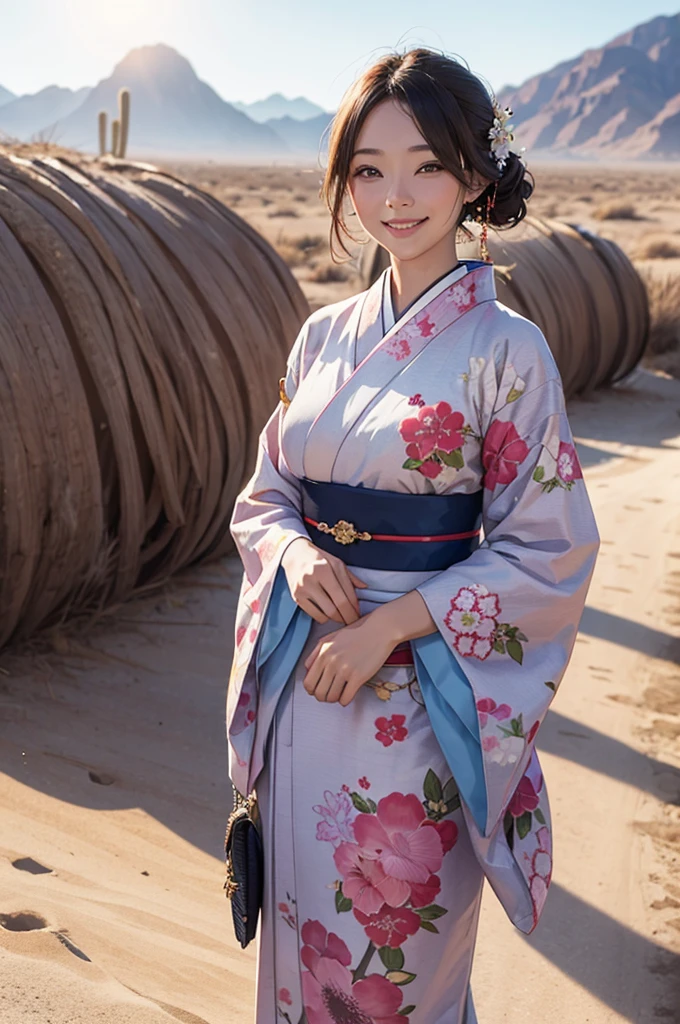 A beautiful smiling woman in a kimono in the sunlit desert