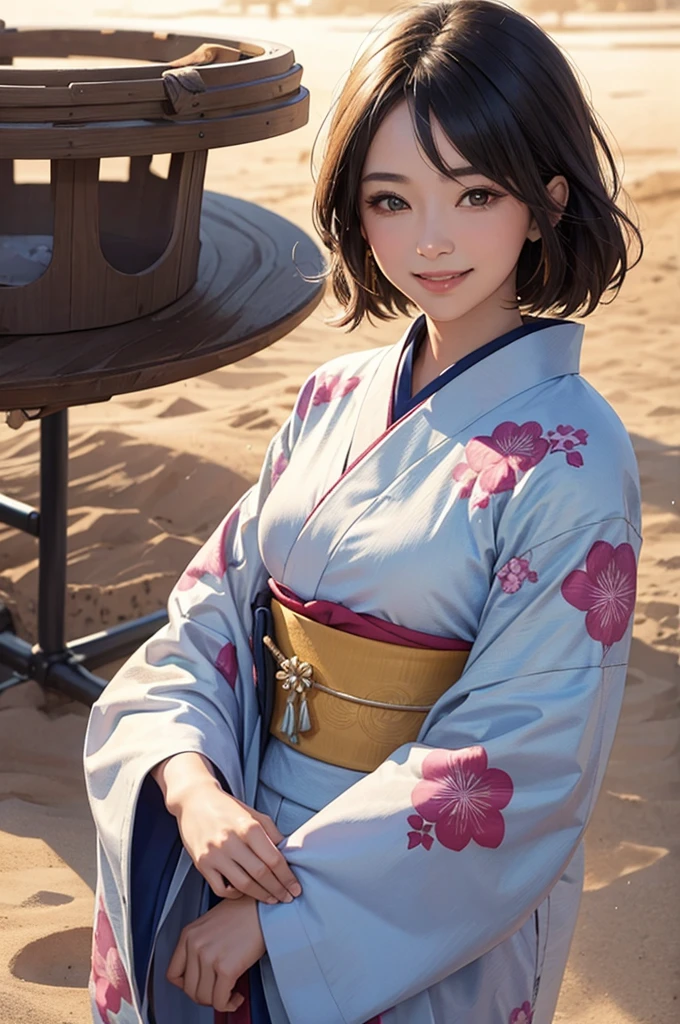 A beautiful smiling woman in a kimono in the sunlit desert