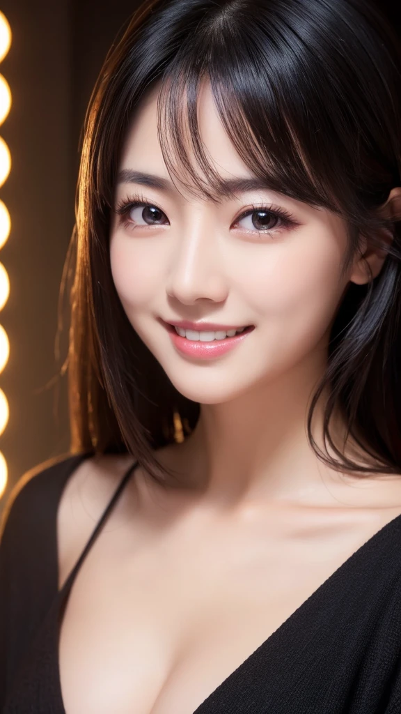 (Super beautiful woman)、((highest quality、8K masterpiece:1.3))、sharp focus:1.2、(super beautiful face:1.0)、(shiny skin:1.0)、realistic pictures、black hair、video lighting、High resolution eyes and face、video lighting、japanese actress、from the front、with a happy smile、whole body、