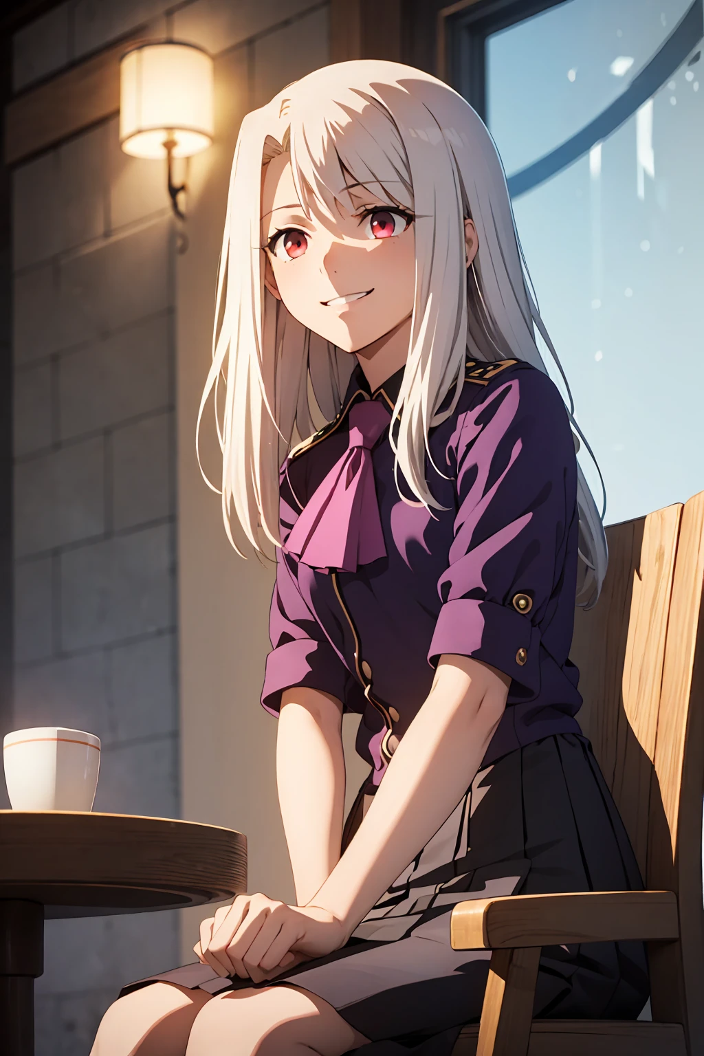 Highest quality, (masterpiece:1.2), Very detailed,
destiny/Background of stay, indoor,
Illyasviel von Einzbern, etc.,
One girl, alone, Sitting, Looking at the audience, Mouth closed, smile,
Long Hair, Gray Hair, Red eyes,
Purple Shirt, Ascot, White Skirt
