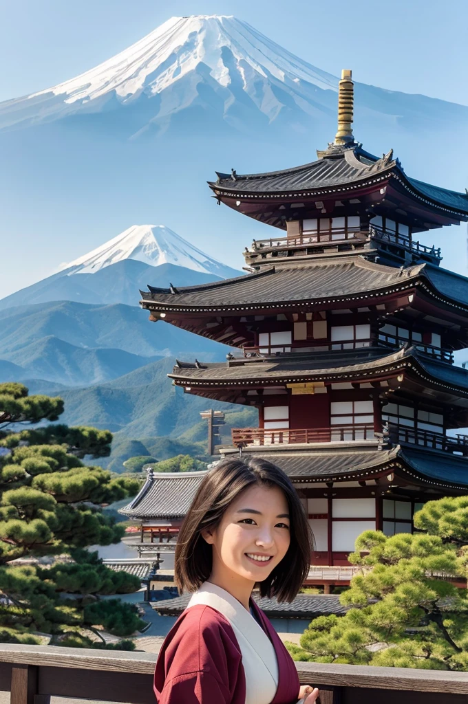 Kyoto temple with Mount Fuji in the background Smiling female ninja