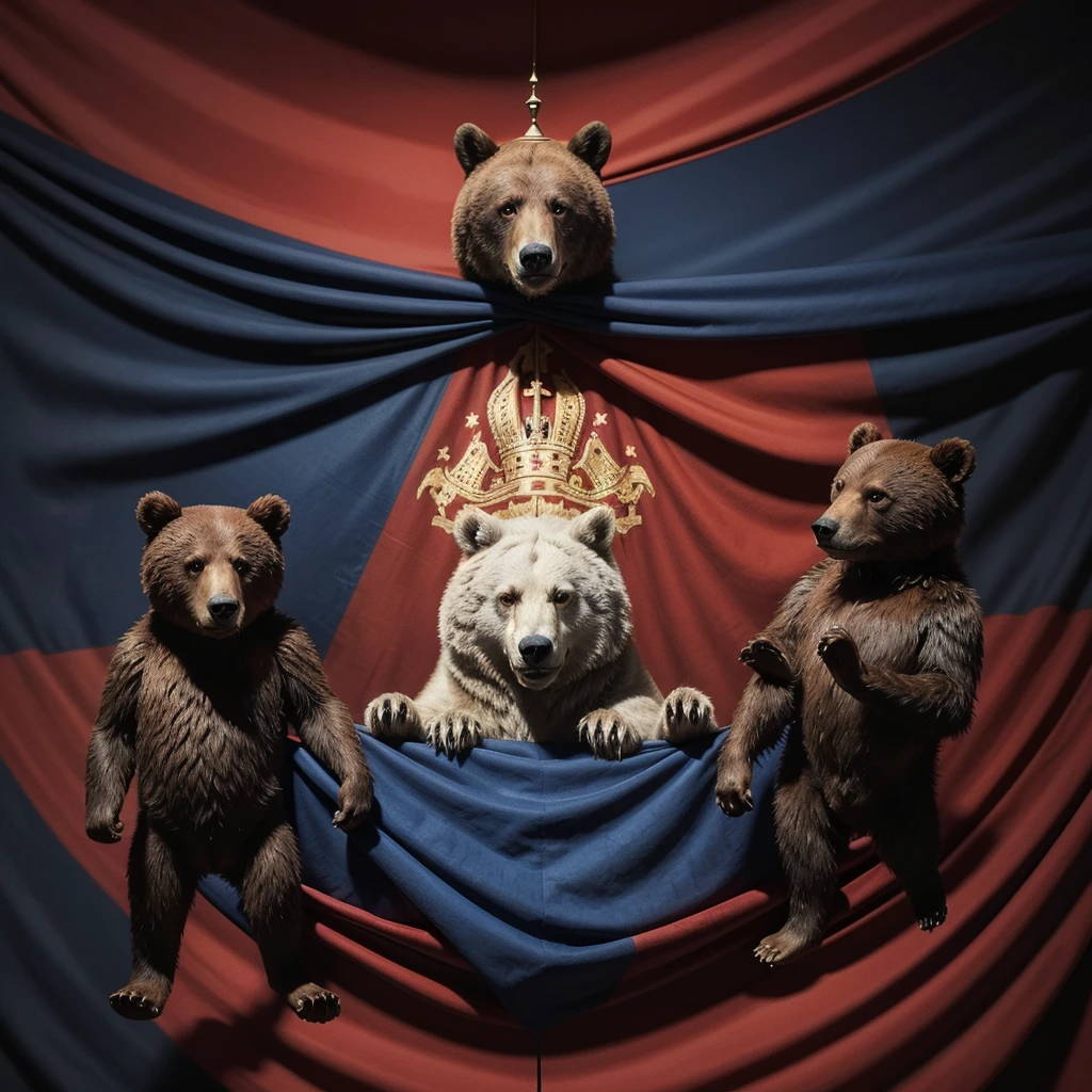 The flag of a royal empire in medieval style with red colors, blue and black. With an imposing drawing of a bear in the center