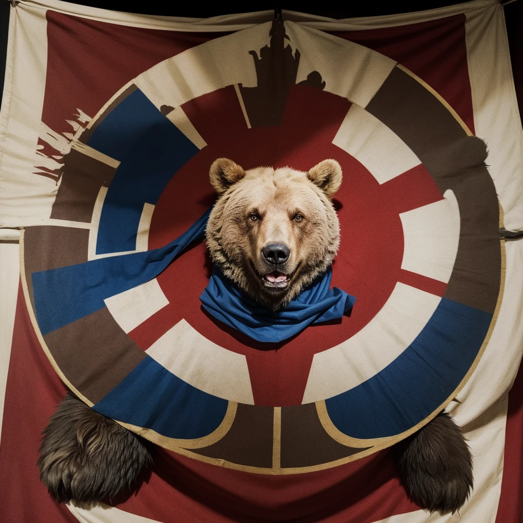 The flag of a royal empire in medieval style with red colors, blue and black. With an imposing drawing of a bear in the center