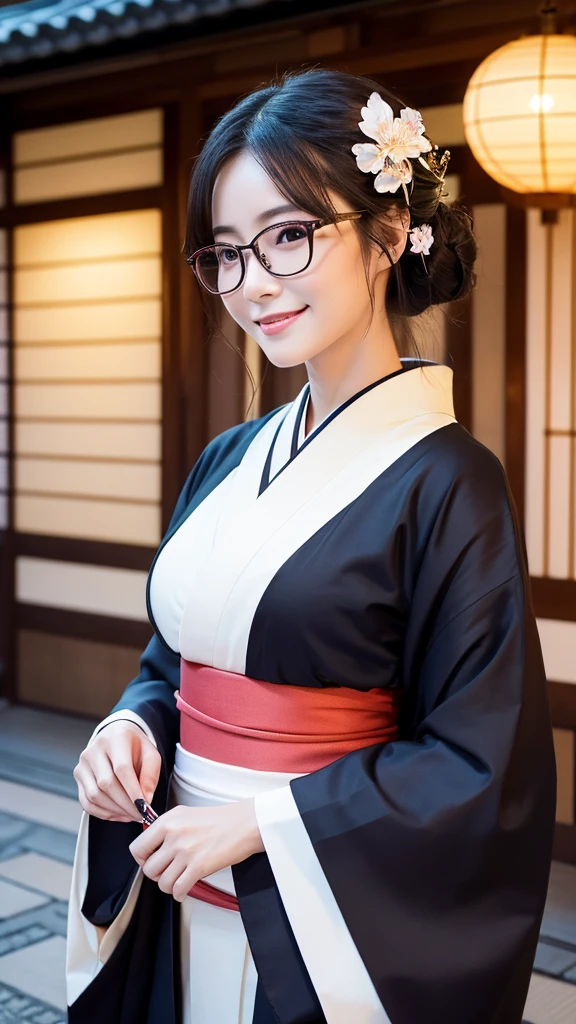 (Super beautiful woman in kimono)、((highest quality、8K masterpiece:1.3))、sharp focus:1.2、(super beautiful face:1.0)、(shiny skin:1.0)、realistic pictures、black hair、video lighting、High resolution eyes and face、video lighting、japanese actress、from the front、big breasts、with a happy smile、Slender abs beauty、whole body、wearing a kimono、in Kyoto、(((luxury obi)))、In Kyoto at night、wearing glasses with no edge、with a fan