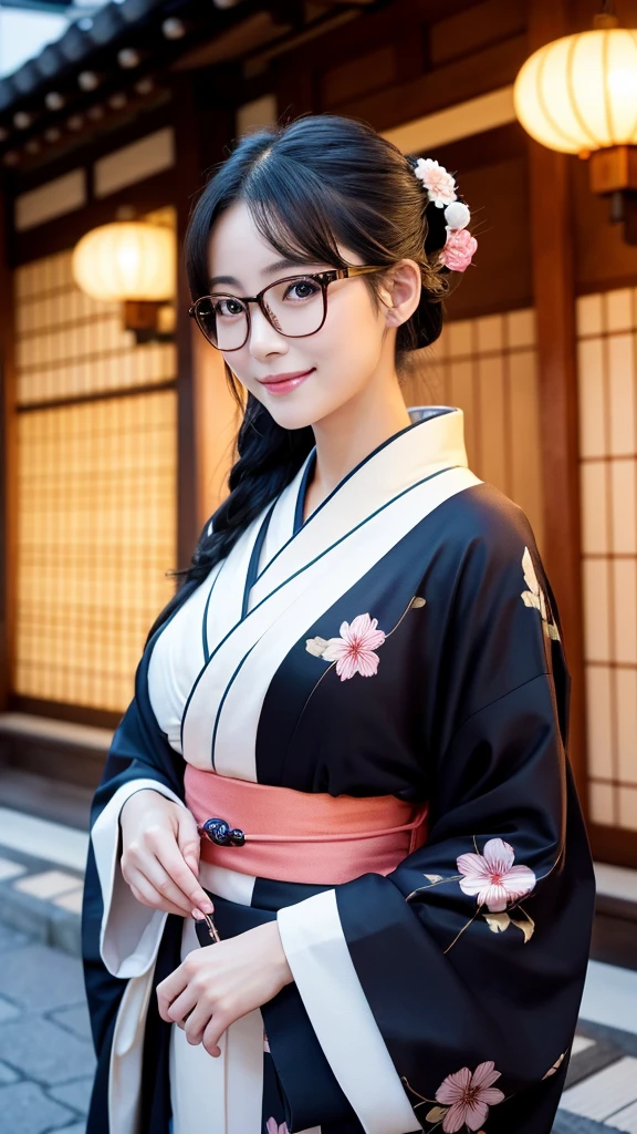 (Super beautiful woman in kimono)、((highest quality、8K masterpiece:1.3))、sharp focus:1.2、(super beautiful face:1.0)、(shiny skin:1.0)、realistic pictures、black hair、video lighting、High resolution eyes and face、video lighting、japanese actress、from the front、big breasts、with a happy smile、Slender abs beauty、whole body、wearing a kimono、in Kyoto、(((luxury obi)))、In Kyoto at night、wearing glasses with no edge、with a fan