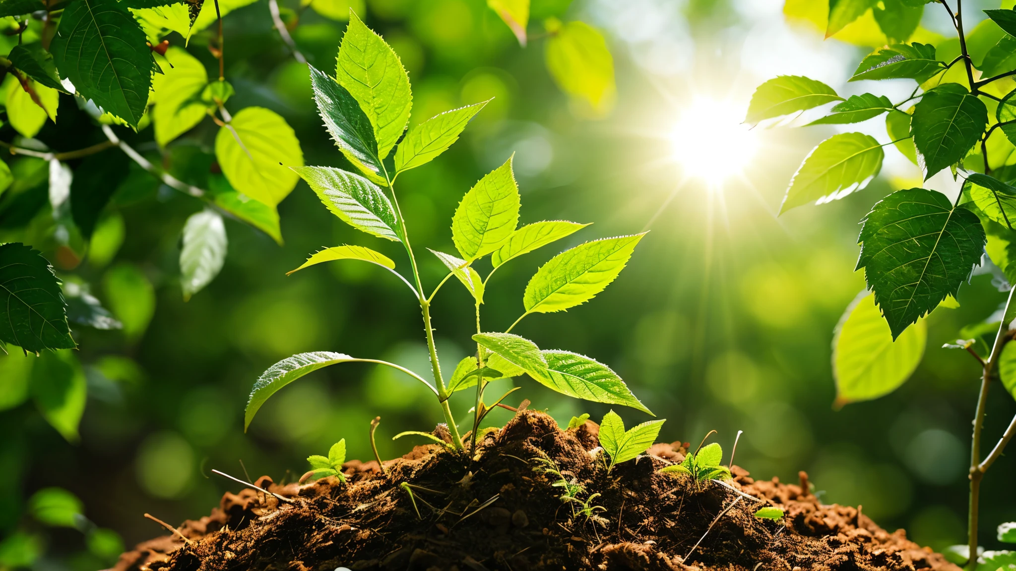 World Earth Day banner. Young green plant growing at sunlight, save clean planet, ecology concept, Environment, generative ai