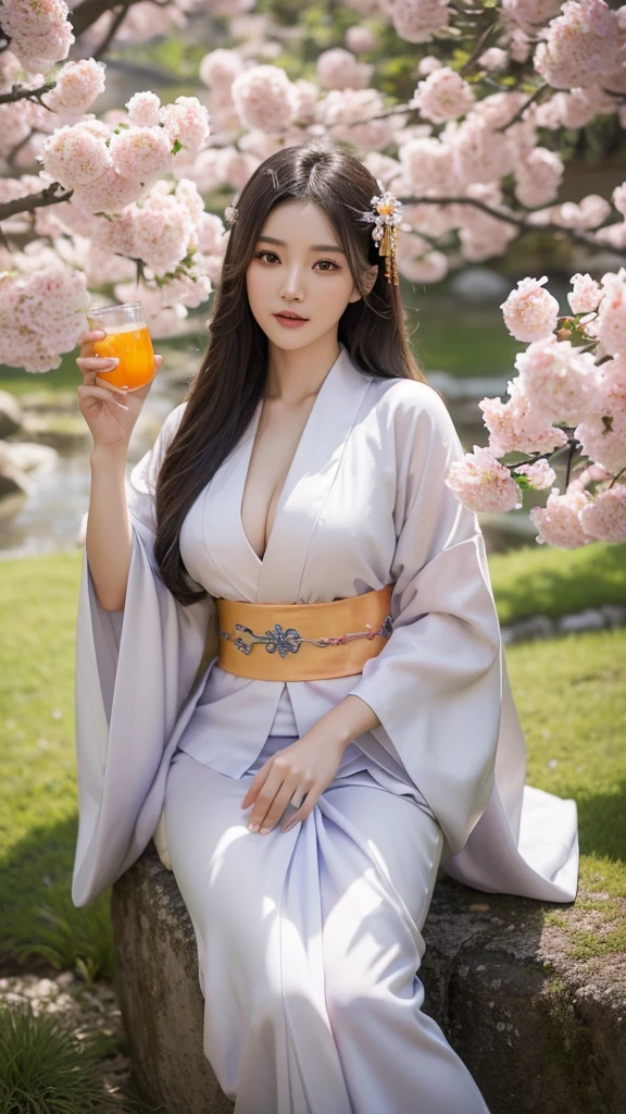 best quality,masterpiece,Ultra-high resolution,(photoactual:1.4),,beautiful_Face,Twenty-five-year-old oriental nine-tailed fairy fox woman,bright eyes,cleavage,Long silver hair above the waist,Wearing a Japanese kimono(1:0),Samurai sword,Drinking under the flower tree,Peach blossoms flying