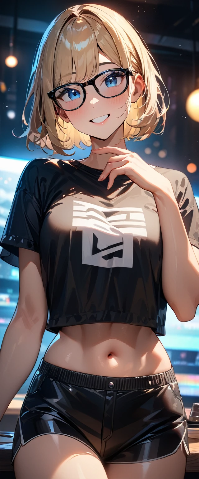 (((One girl))), beach, blond hair, bob cut, breasts, from front, (cowboy shot), (looking at viewer), ((black shorts)), ((black crop top overhang)), short sleeves, Casual Stance, ((sun glasses)), arms up, midriff peek, ager, head tilt:1.3, (((blue eye))), ((happy smile)), ((sleeves past wrists)), anime style, (best quality, 4k, 8k, highres, masterpiece:1.2, ultra-detailed, ultra-detailed eyes, HDR, UHD, studio lighting, ultra-fine painting, sharp focus, physically-based rendering, extreme detail description, professional, vivid colors, bokeh), ((Highest quality, Best image quality, Ultra-high resolution, Ultra-high resolution, solo, Strong eye highlights)), Depth of written boundary, Natural soft light, attractive, Beautiful Face, Cleanliness, Pure Face, nedium chest, Beautiful Face, Perfect Fingers, Perfect hands, Perfect body, Perfect Face, Shine a light into your eyes, Perfect Anatomy