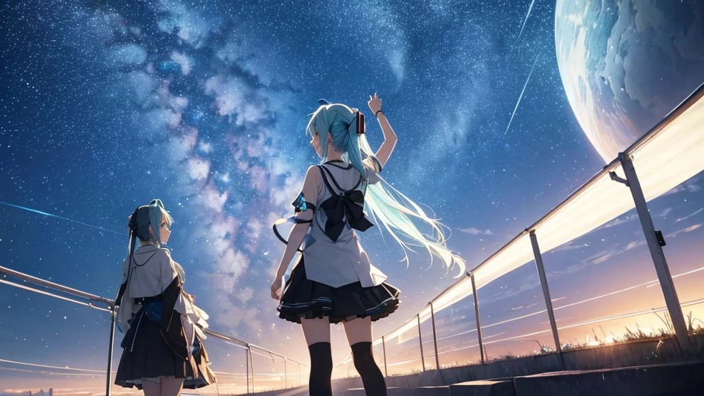 Under the midnight starry sky、Hatsune Miku celebrates old friendships and new beginnings。There's a warm light all around her、With a champagne glass in hand、Looking at the New Year's fireworks with a hopeful look on his face。In the background, a scene of soft colors spreads out, evoking the feeling of time passing slowly.。