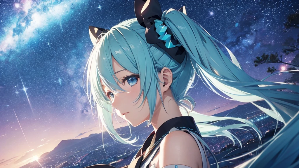 Under the midnight starry sky、Hatsune Miku celebrates old friendships and new beginnings。There's a warm light all around her、With a champagne glass in hand、Looking at the New Year's fireworks with a hopeful look on his face。In the background, a scene of soft colors spreads out, evoking the feeling of time passing slowly.。