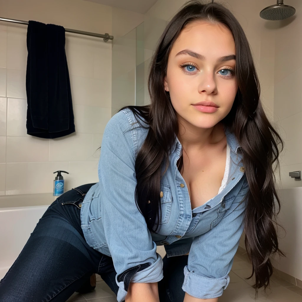 Russian teenage girl with blue eyes , with the face of a young girl with a perfect body, big eyes , wide fleshy lips thin upturned nose, with a fine face like a barbie , normal somewhat large voluminous breasts ,very long and very straight black hair, wearing dark jeans and a big button shirt , 14 years oler face , blue eyed teenage girl posing very sexy in casual clothes at night in the bathroom ,straight hair. a very attractive teenage girl sexually naked, posture on all fours