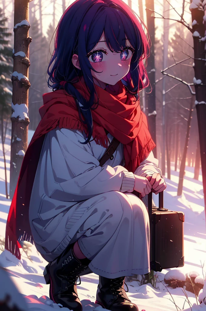 aihoshino, Ai Hoshino, Long Hair, bangs, (Purple eyes:1.1), Purple Hair, (Symbol-shaped pupil:1.5), smile,,smile,blush,White Breath,
Open your mouth,snow,Ground bonfire, Outdoor, boots, snowing, From the side, wood, suitcase, Cape, Blurred, , forest, White handbag, nature, Squat, Mouth closed, Cape, winter, Written boundary depth, Black shoes, red Cape break looking at viewer, Upper Body, whole body, break Outdoor, forest, nature, break (masterpiece:1.2), Highest quality, High resolution, unity 8k wallpaper, (shape:0.8), (Beautiful and beautiful eyes:1.6), Highly detailed face, Perfect lighting, Highly detailed CG, (Perfect hands, Perfect Anatomy),
