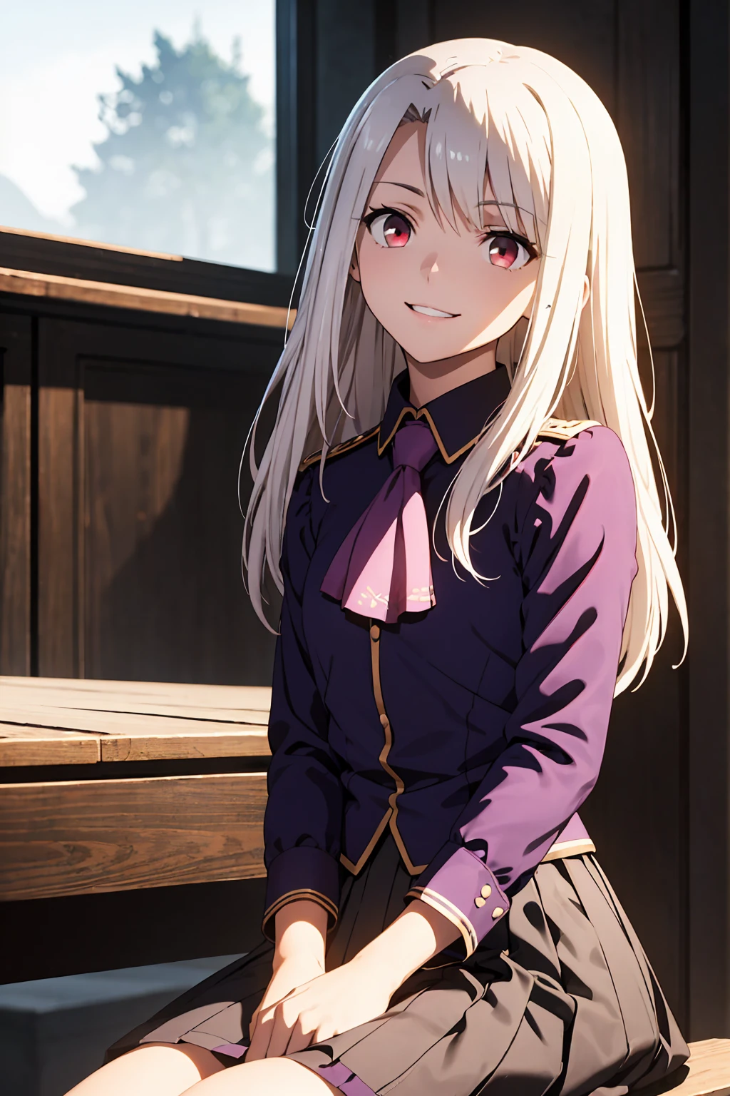 Highest quality, (masterpiece:1.2), Very detailed, destiny/Background of stay, indoor, Illyasviel von Einzbern, etc., One girl, alone, Sitting, Looking at the audience, Mouth closed, smile, Long Hair, Gray Hair, Red eyes, Purple Shirt, Ascot, White Skirt