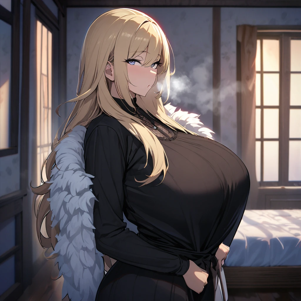 1girl,solo,Mature Women,Females in heat,blonde hair color,long hair,Her hair is tucked back,grey eyes,slanted eyes,super huge breasts,slender,black knit long sleeves,Steam comes out of the body,breath,feather shawl,amorous glance,side of face,looking at viewer,near,standing up,house,in bed room