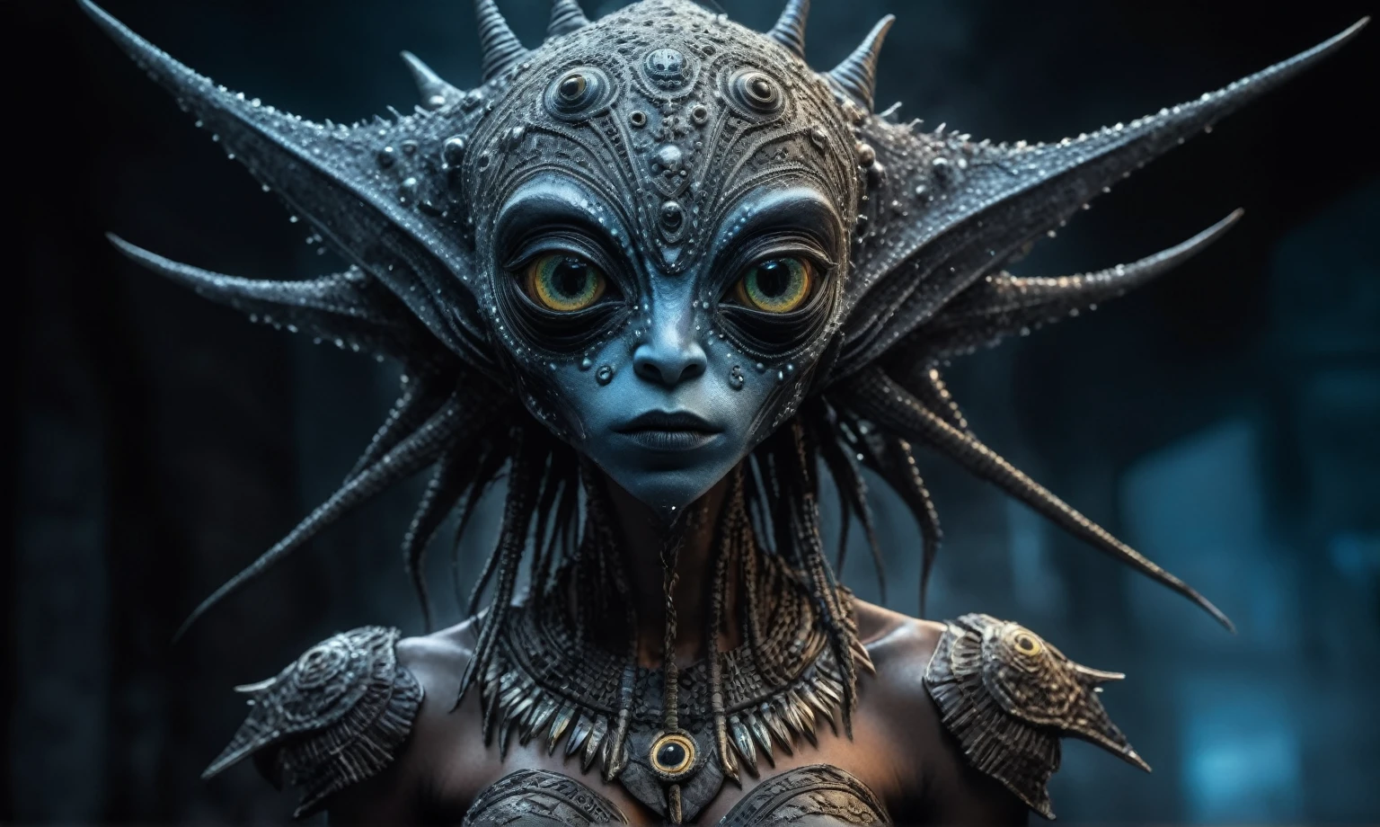 full body length shot,nerd graphite  Alien Entity,native africa slave ,nowadays azctec central city,Cinematic,soft colors, Technicolor,natural skin textures, hyper realism, hyper detailed,Extremely detailed,High contrast,Masterpiece,Realistic,Ultra Detailed, intricate details,realistic humid leather,extremely intricate details,Epic Realistic, cinematic style, irina yermolova,high contrast,hdr,extremely detailed, [deep night landscape],masterpiece, intricate details, eyes extremely detailed, high detailed eyes,8k resolution,retina, Nikon Z9,Korea,orc,, Pisces, transition between two art styles, Double contact, X-ray, Creative, vivid light, fantasy, Abstract, Surrealism, super detailed, high resolution,insanity wear,skin  almost translucent,  symbols of mourning and gothic elements, further emphasizing its dark air,Mestichino,Light particles,chaos,starfish's leather
